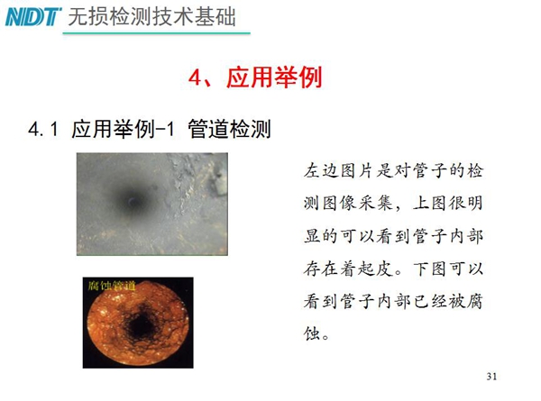 應(yīng)用舉例一1 管道檢測(cè)，從兩張檢測(cè)對(duì)比圖片可以明顯看到管子  內(nèi)部存在著起皮，另一張可以看以管子內(nèi)部己經(jīng)被腐蝕
