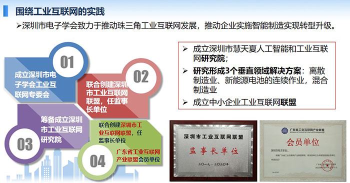 圍繞工業(yè)互聯(lián)網(wǎng)的實踐：深圳市電子學(xué)會致力于推動珠三角工業(yè)互聯(lián)網(wǎng)發(fā)展，推動企業(yè)實施智能制造實現(xiàn)轉(zhuǎn)型升級。