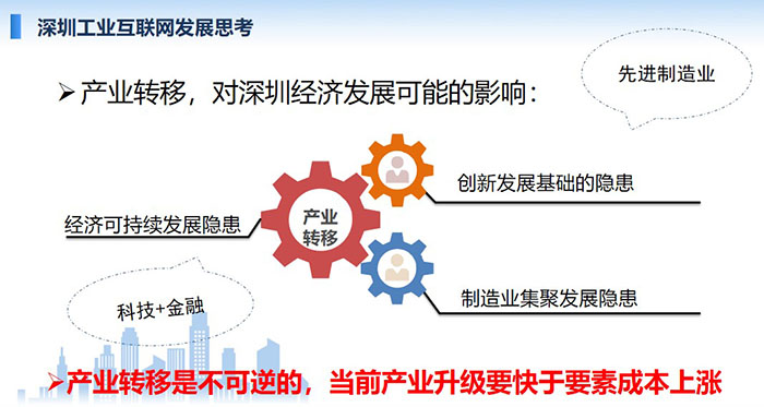 產(chǎn)業(yè)轉(zhuǎn)移，對深圳經(jīng)濟(jì)發(fā)展可能的影響：創(chuàng)新發(fā)展基礎(chǔ)的隱患、經(jīng)濟(jì)可持續(xù)發(fā)展隱患、制造業(yè)集聚發(fā)展隱患；產(chǎn)業(yè)轉(zhuǎn)移是不可逆的， 當(dāng)前產(chǎn)業(yè)升級要快于要素成本上漲